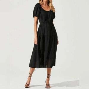 ASTR the Label Puff Sleeve Scoop Neck Tiered Midi Dress Black Womens Small